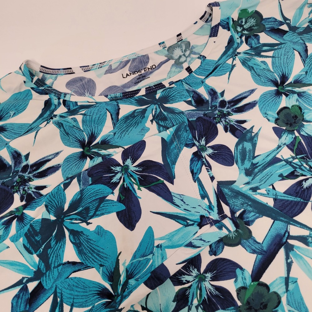 Lands' End Floral Top Womens 1X Teal Blue Long Sleeve Tropical 492505 Excellent